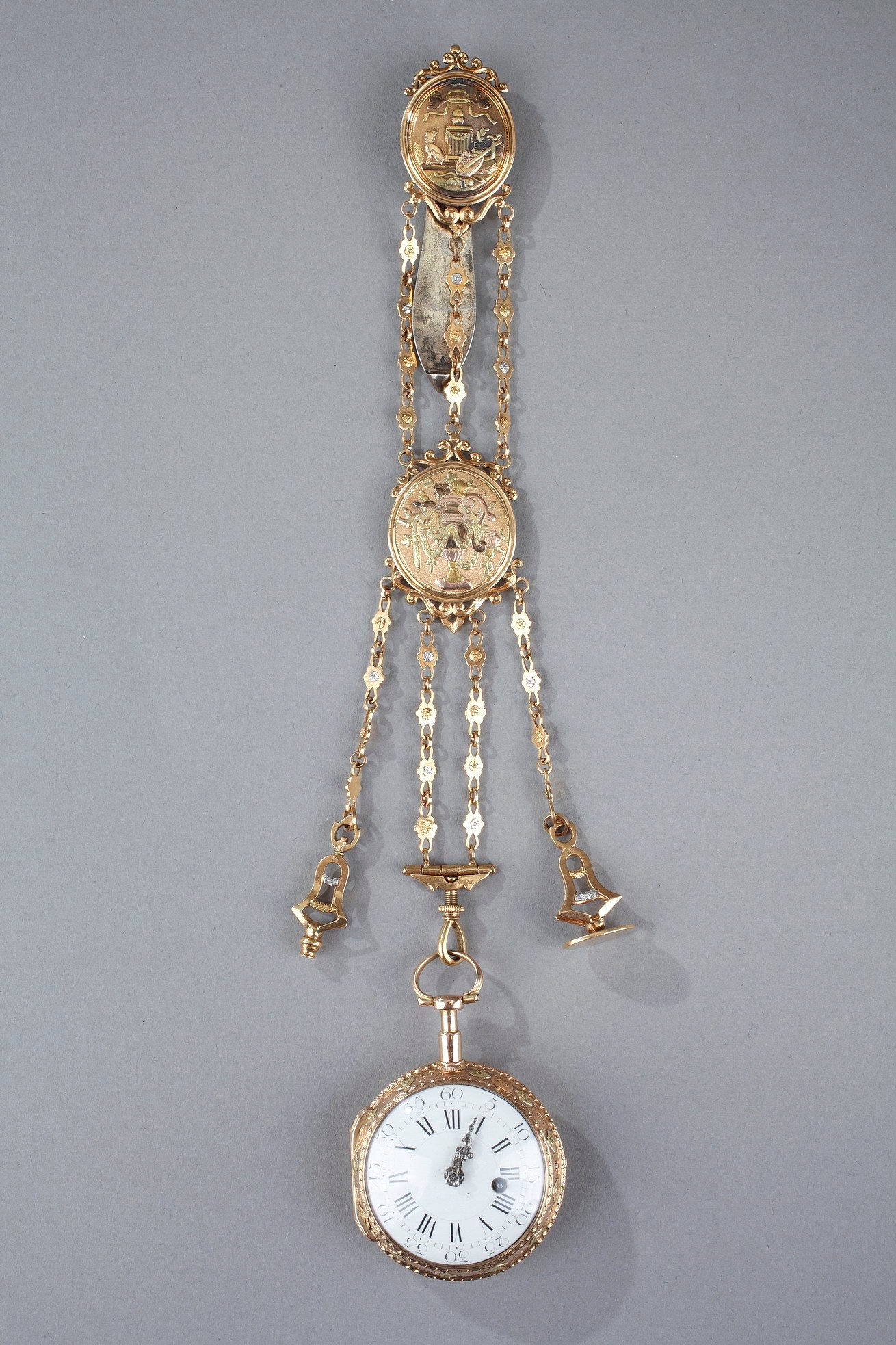 18TH CENTURY  CHATELAINE AND GOLD WATCH, FRENCH CRAFSTMANSHIP